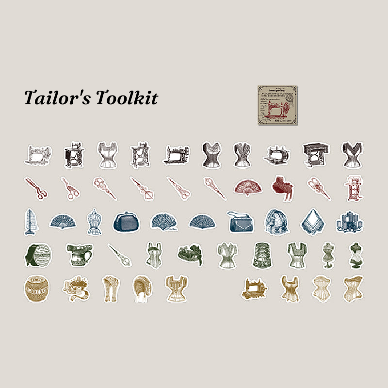 Tailors toolkit and sewing machine vintage line art stickers
