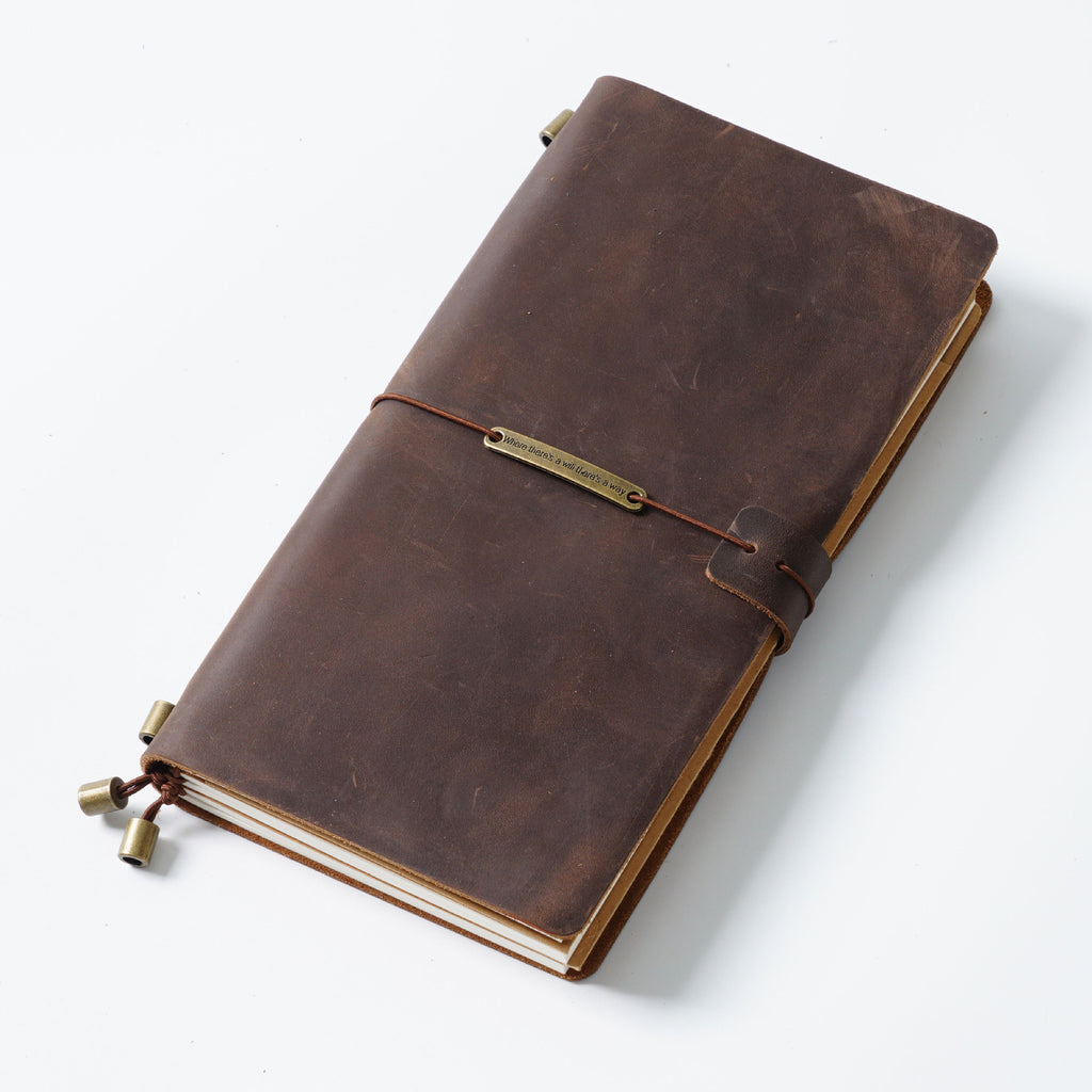Tan crazy horse leather traveler's notebook, front view