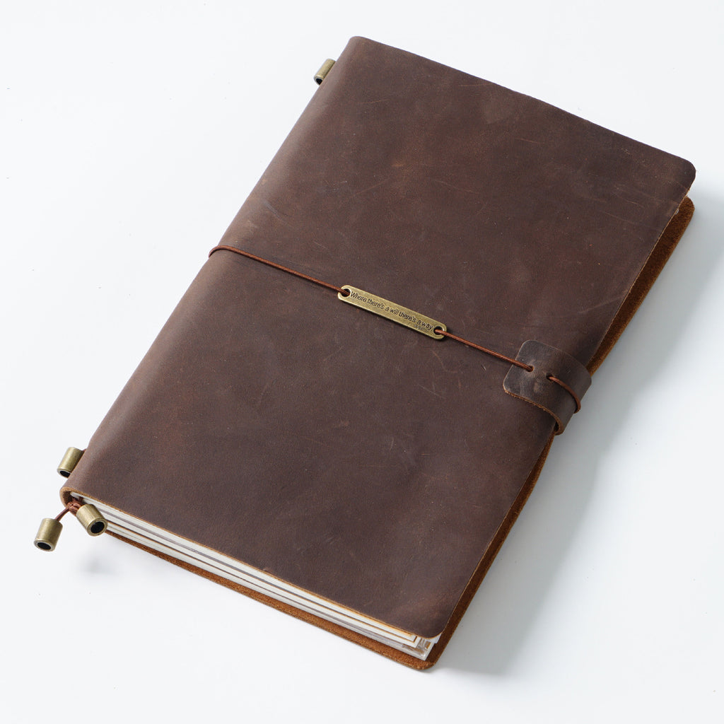 Tan crazy horse leather traveler's notebook, front view