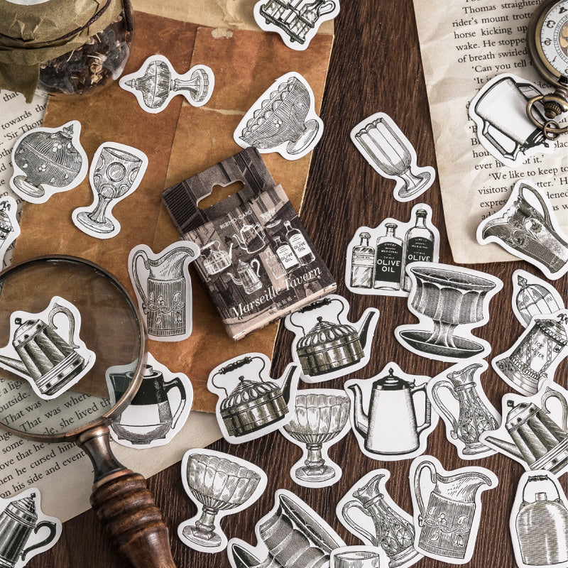 Tavern series barware sticker collection with wine bottles, glasses and bar accessories