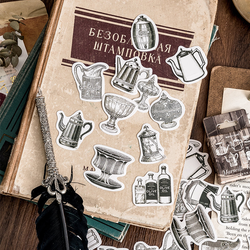 Vintage tavern sketch stickers featuring 38 hand-drawn barware and cocktail tools