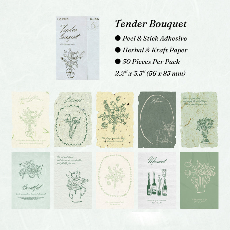 Tender bouquet green textured journal cards floral vase botanical sketches leaves ephemera pack