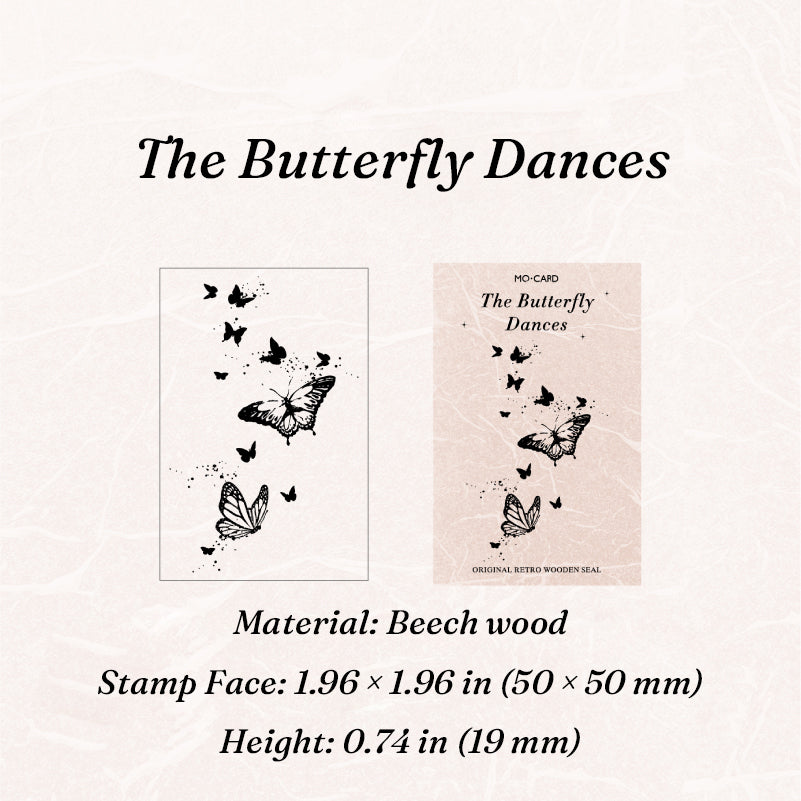 Vintage wooden rubber stamp The Butterfly Dances variant showing carved butterfly trail stamp face and packaging card, 1.96 x 1.96 inch beech wood block for junk journal stamping