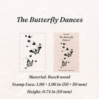 Vintage wooden rubber stamp The Butterfly Dances variant showing carved butterfly trail stamp face and packaging card, 1.96 x 1.96 inch beech wood block for junk journal stamping