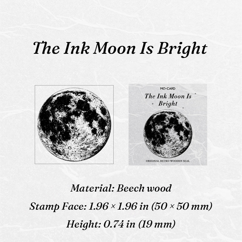 Vintage wooden rubber stamp The Ink Moon Is Bright variant showing carved full moon stamp face and packaging card, 1.96 x 1.96 inch beech wood block for celestial journal art

