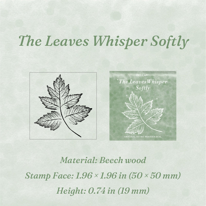 Vintage wooden rubber stamp The Leaves Whisper Softly variant showing carved autumn leaf stamp face and packaging card, 1.96 x 1.96 inch beech wood block for seasonal planner decoration
