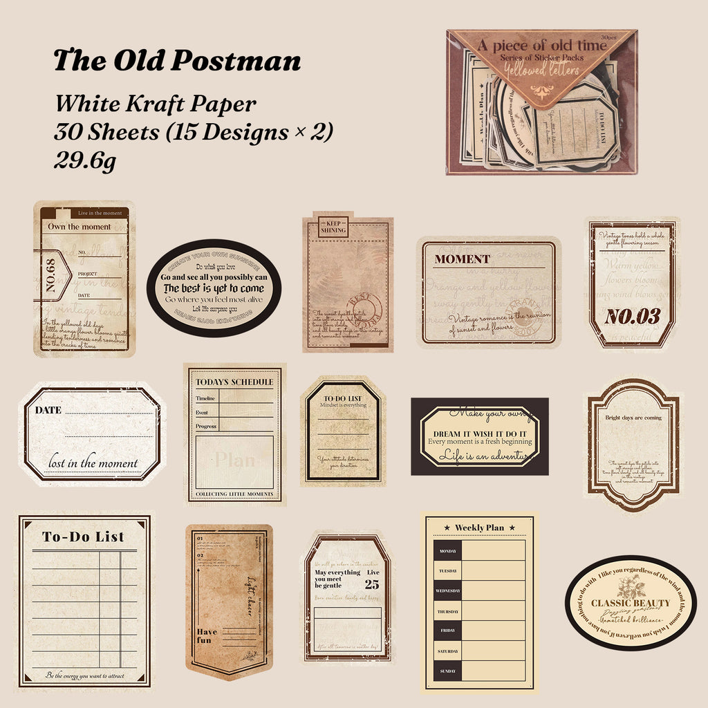 	The Old Postman sticker chart - 15 parcel tag and postage designs in sepia tones