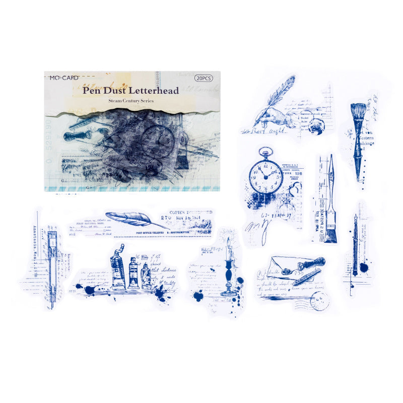 Vintage blue line art stickers featuring fountain pens clocks and letter writing ephemera