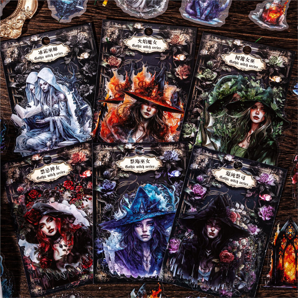 All six gothic witch sticker styles — flame, hedge, frost and more — shown together