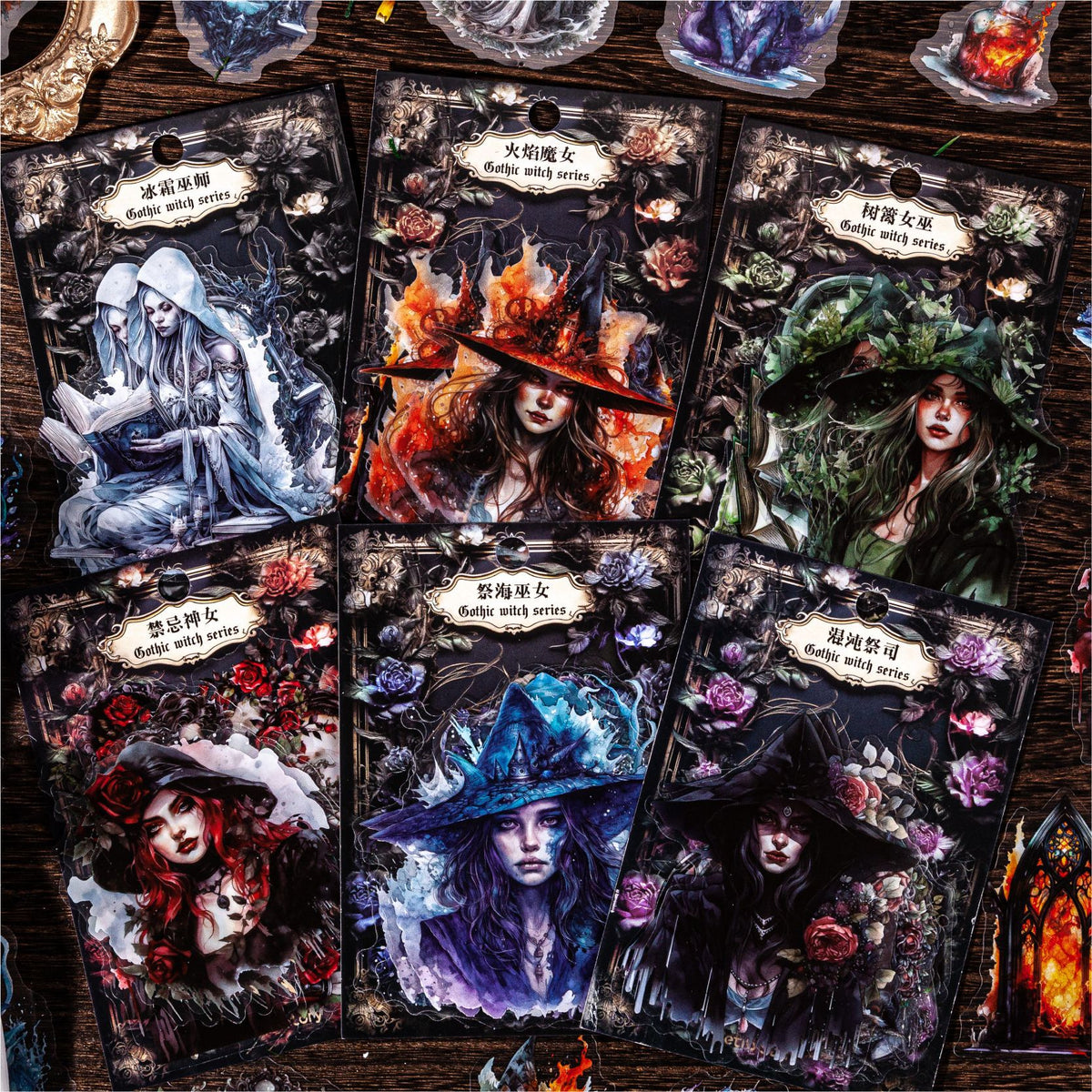 All six gothic witch sticker styles — flame, hedge, frost and more — shown together