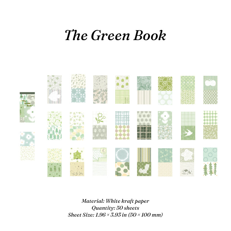 The Green Book vintage ephemera paper pack showing 50 white kraft paper sheets in 1.96 x 3.95 inch size with plant tree bird and floral woodland prints for scrapbook layering