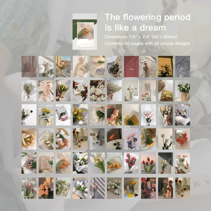 The Flowering Period is Like a Dream vintage sticker design with romantic botanical flowers