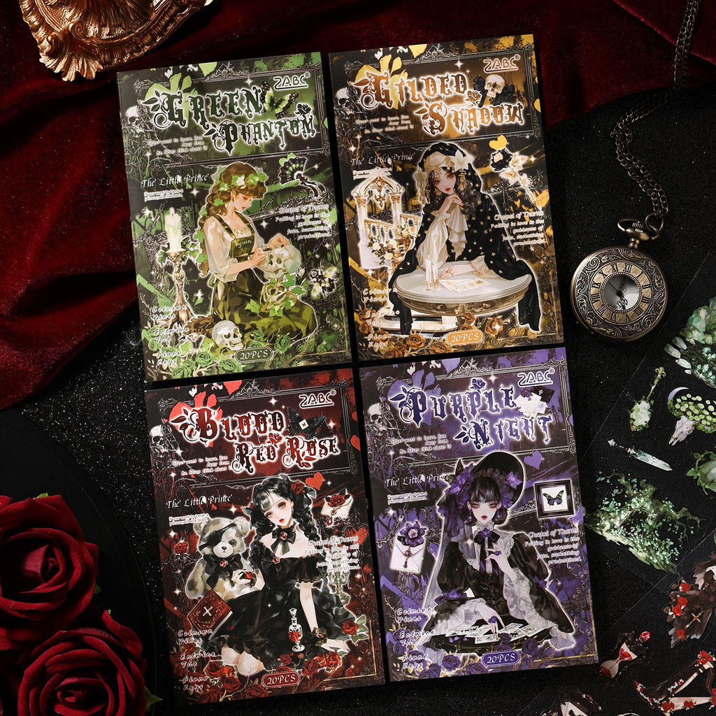 Thorn Chapel gothic sticker books in four colorways arranged on dark velvet with pocket watch and roses