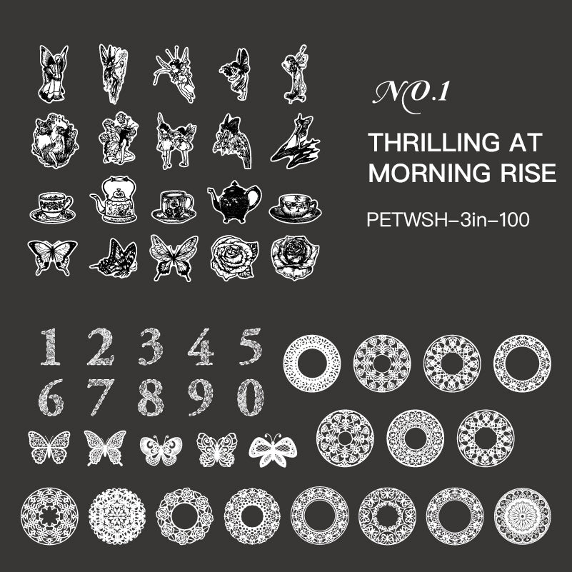  "Thrilling at Morning Rise fairy tale sticker design with whimsical dawn theme for journal decoration"
