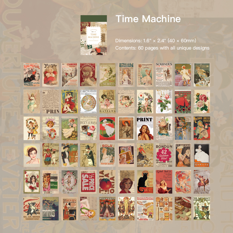 Time Machine vintage sticker design with retro-inspired floral and nostalgic elements