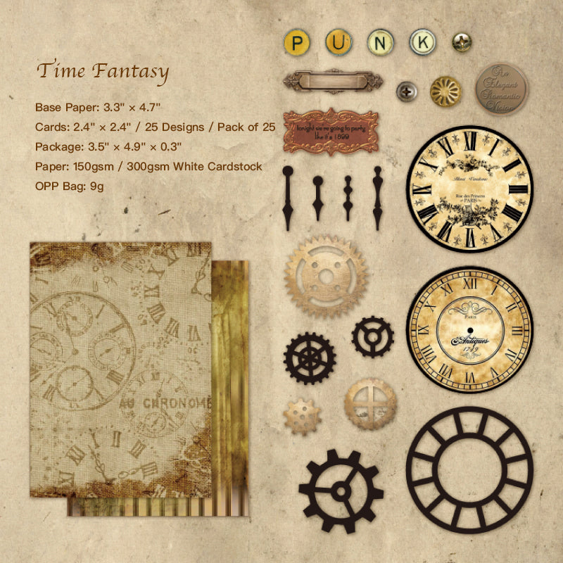 Vintage yellow time fantasy ephemera pack with antique clock faces and gears on kraft paper