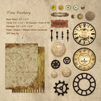 Vintage yellow time fantasy ephemera pack with antique clock faces and gears on kraft paper