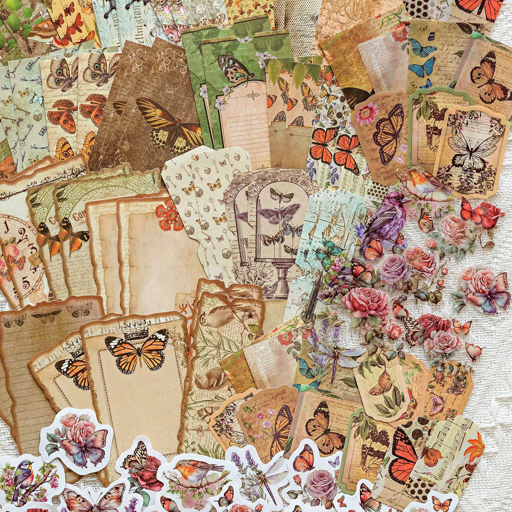 Time Museum stickers and ephemera flat lay with botanicals