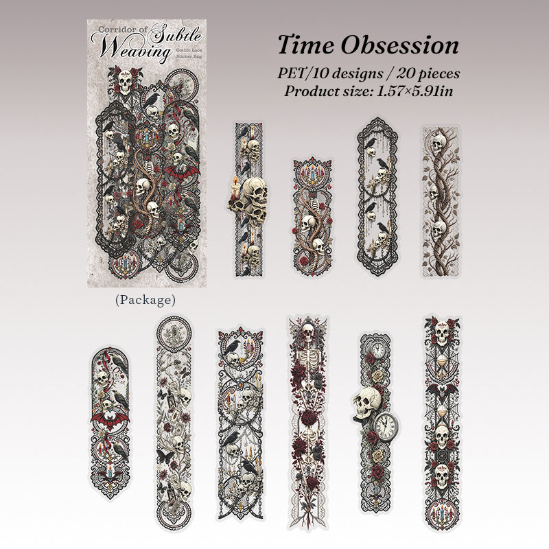 Time Obsession gothic lace stickers — skulls, clocks and lace trim