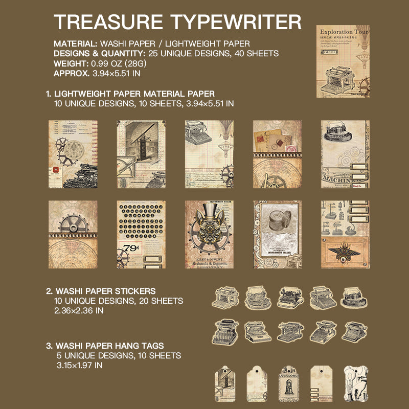"Treasure Typewriter vintage sticker with antique typewriter design for journal decoration"