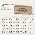 Typewriter font alphabet stamp chart showing uppercase, lowercase, numbers and symbols