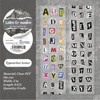 Typewriter Letter PET tape with scattered magazine-cut alphabet blocks colorful ransom-note letters and typewriter digits on clear backing
