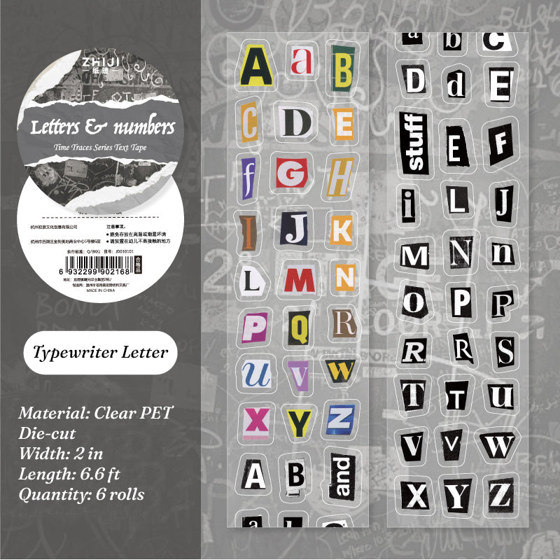 Typewriter Letter PET tape with scattered magazine-cut alphabet blocks colorful ransom-note letters and typewriter digits on clear backing
