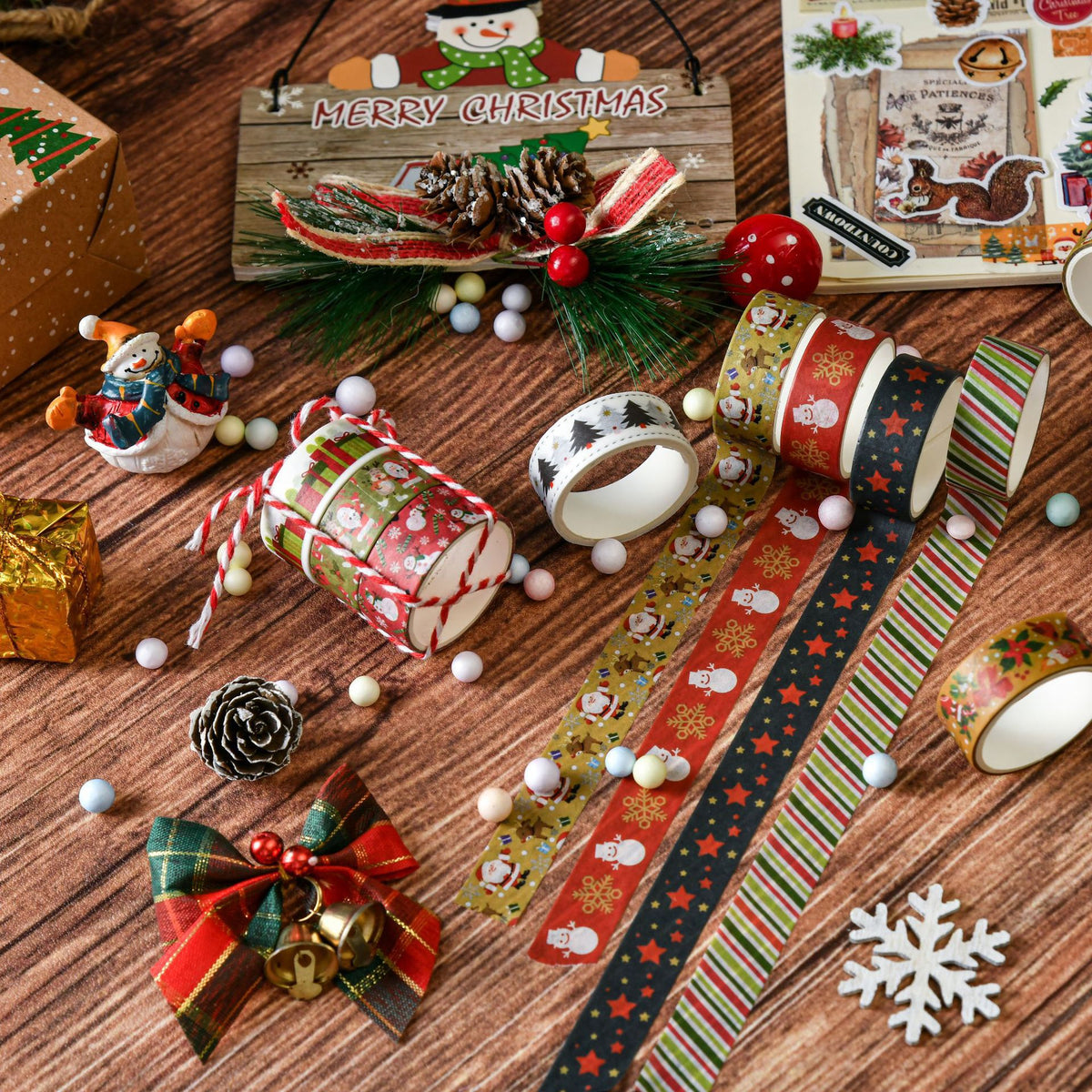 Christmas washi tape strips with trees and snowflakes on festive wooden table