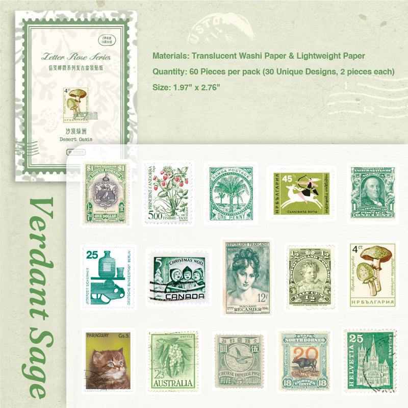 Verdant sage green botanical postage stickers for nature journaling