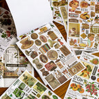 Close-up of vintage sticker book showing colorful retro patterns and designs