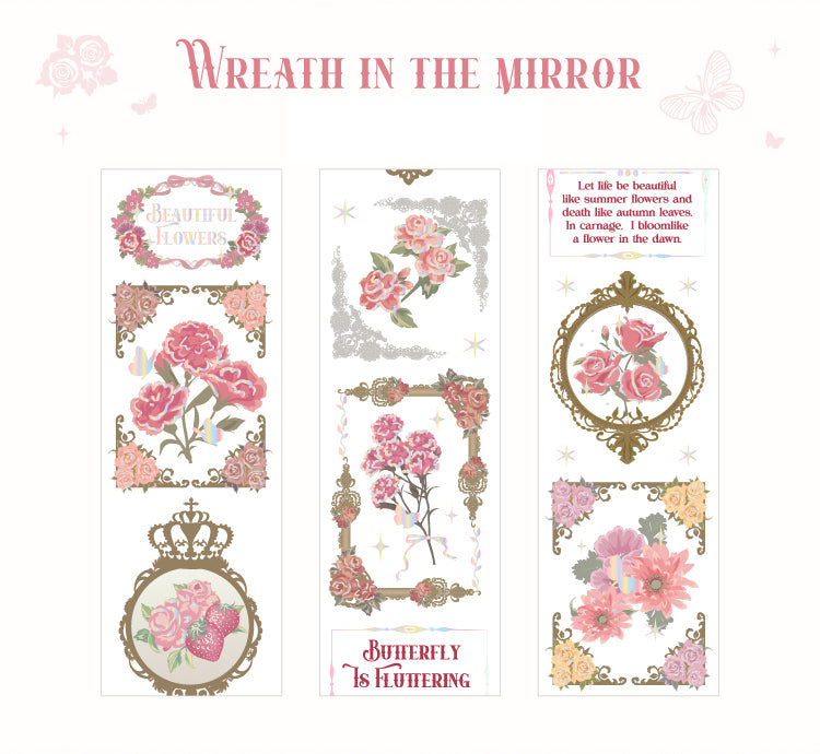 Victorian floral mirrors and pink roses vintage die-cut washi tape loop for royalcore journaling