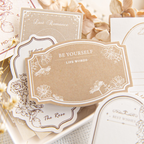  "Close-up of vintage floral memo stickers with retro border designs for planner decoration"