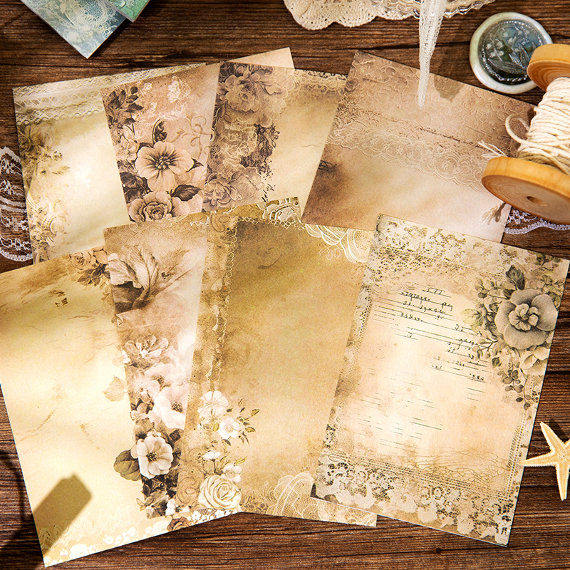 Close-up of vintage floral background paper designs - botanical patterns for scrapbooking