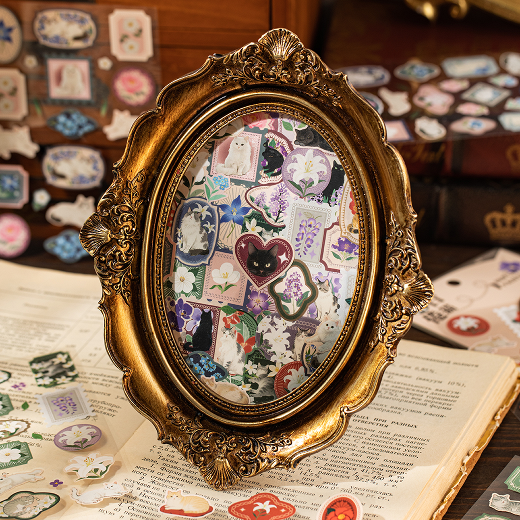 Assorted vintage cat and floral stickers for junk journaling