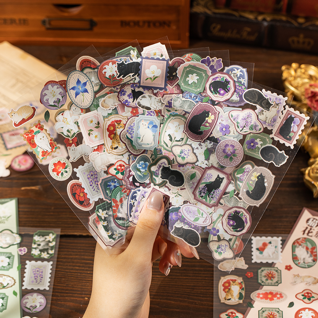 Vintage botanical cat stickers - floral feline designs, 2 sheets