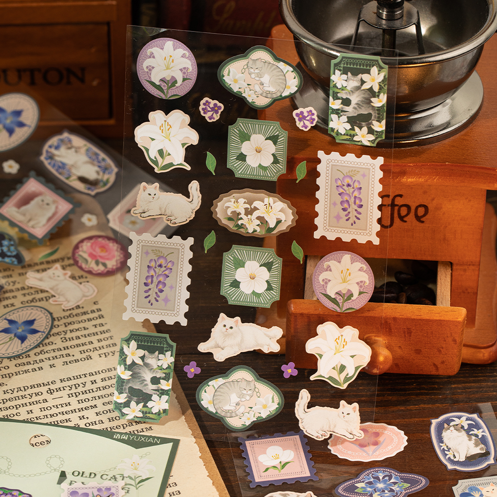 Die-cut vintage cat stickers - matte finish with flower designs