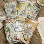 Close-up of vintage botanical washi sticker sheet showing detailed flower illustrations