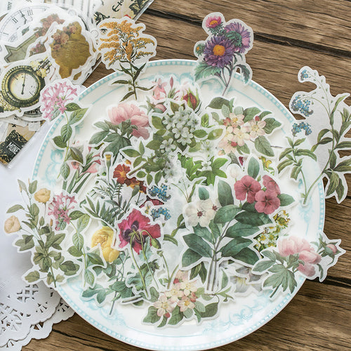 Vintage botanical washi stickers 60-piece die-cut set with floral and leaf designs