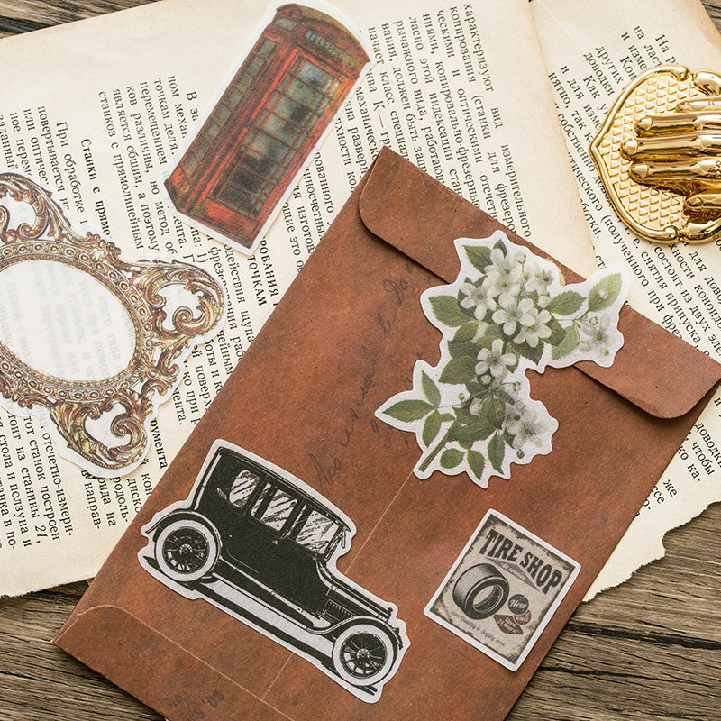 Die-cut botanical washi stickers featuring vintage floral patterns and leaves