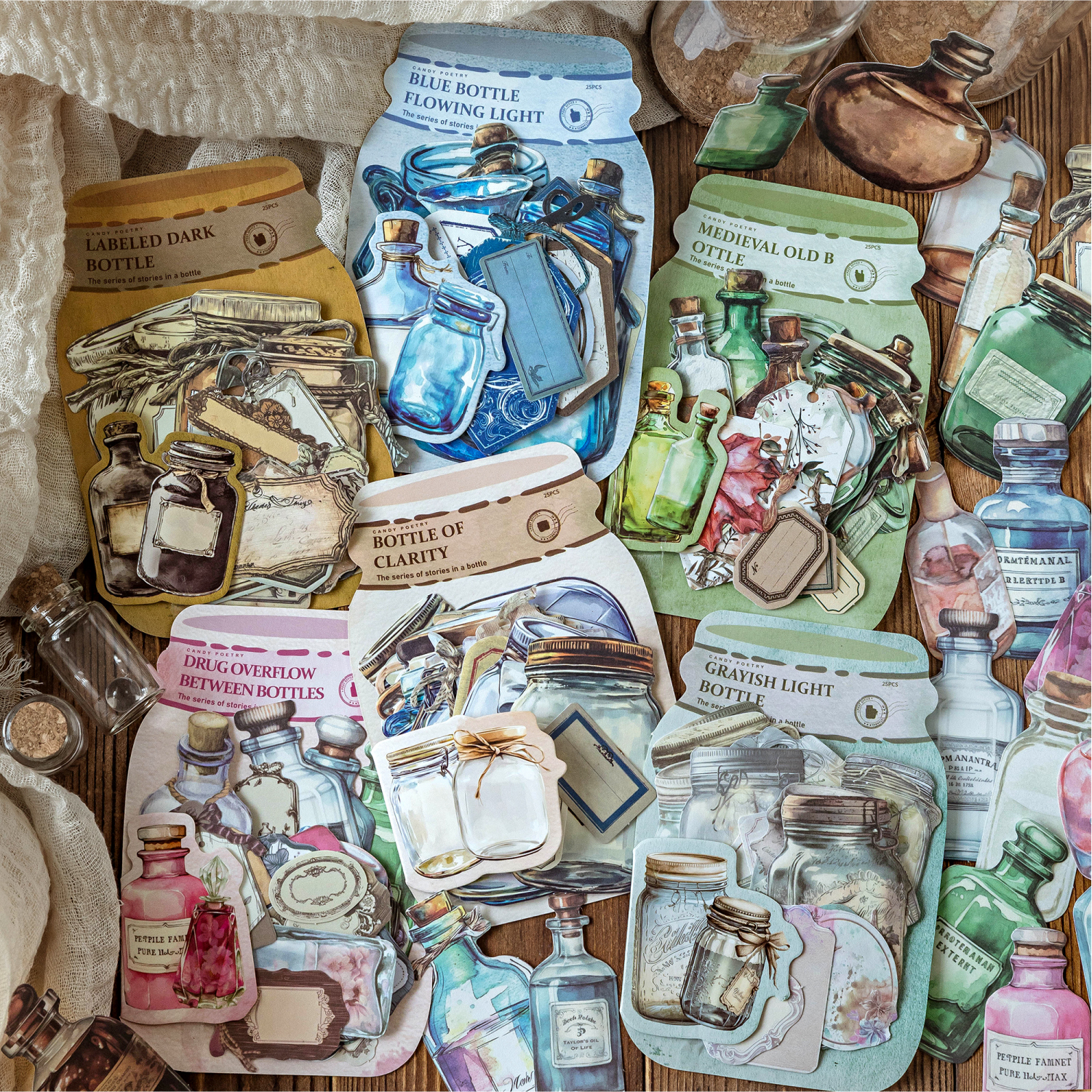 Assorted vintage bottle labels - white kraft paper stickers