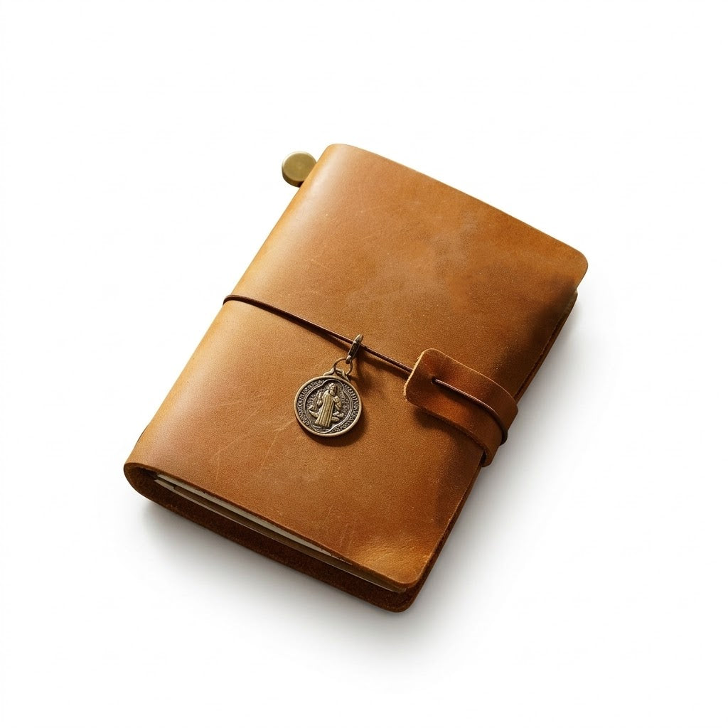 Vintage Camel authentic crazy horse leather mini diary and travel sketchbook, featuring a rustic distressed finish.