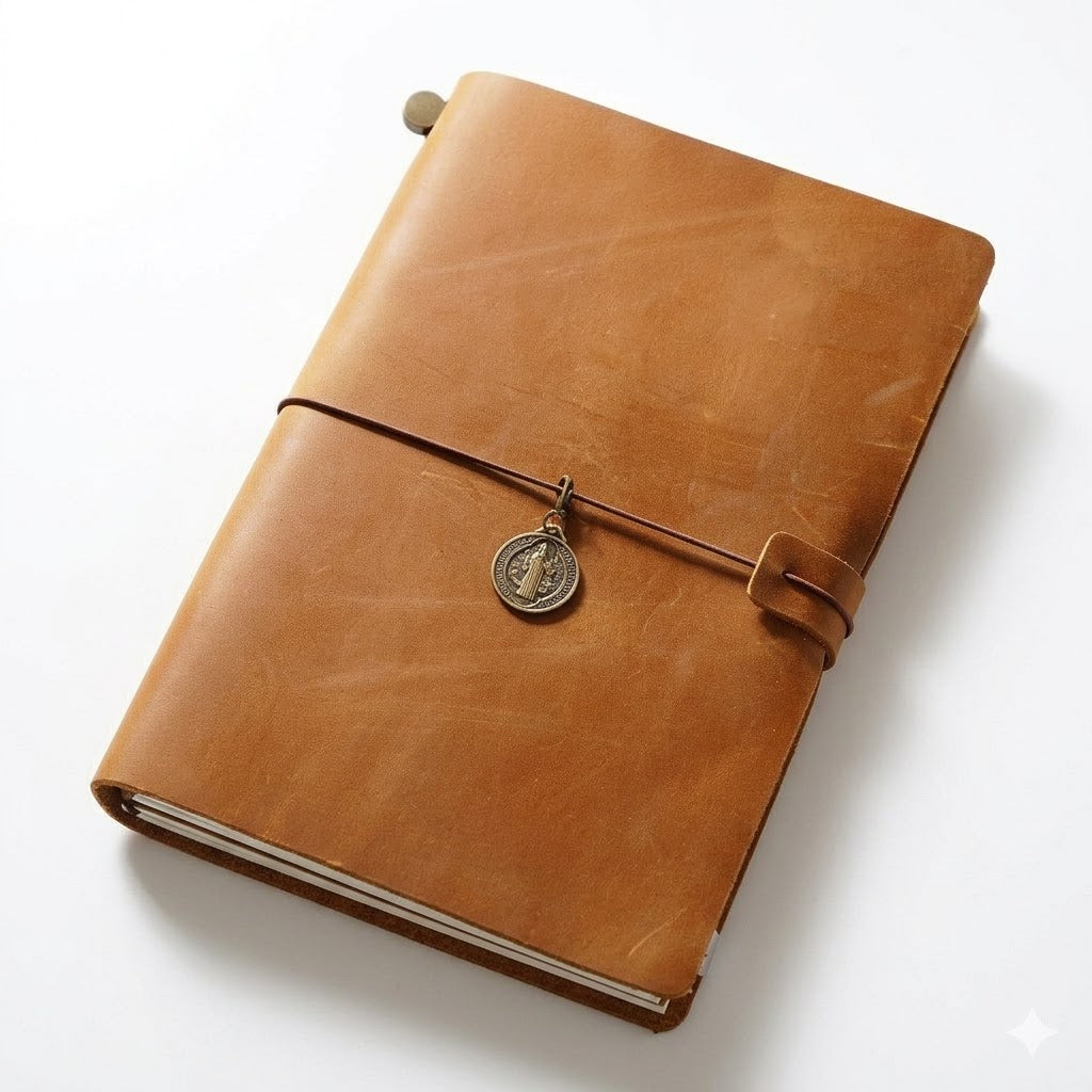 Vintage Camel classic A5 leather padfolio and diary cover, featuring an antique medallion coin charm for a premium aesthetic.