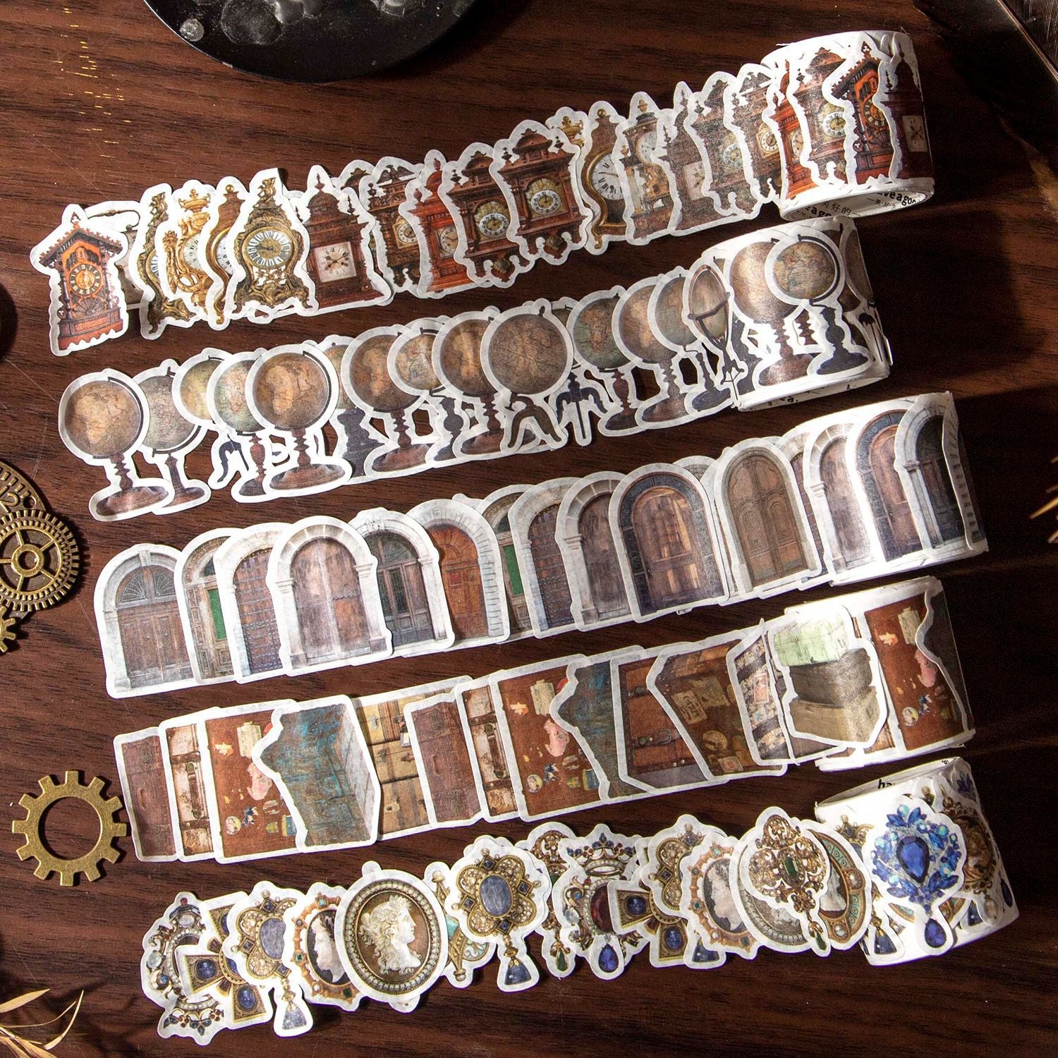 Vintage die-cut washi tape collection displaying elegant retro pattern designs