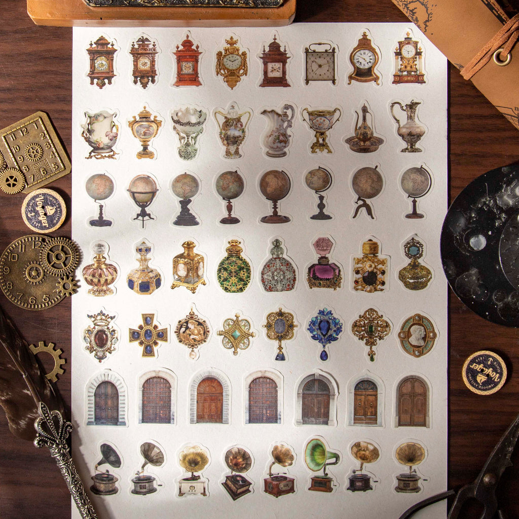 Ancient Clock vintage die-cut washi tape featuring antique timepiece illustrations