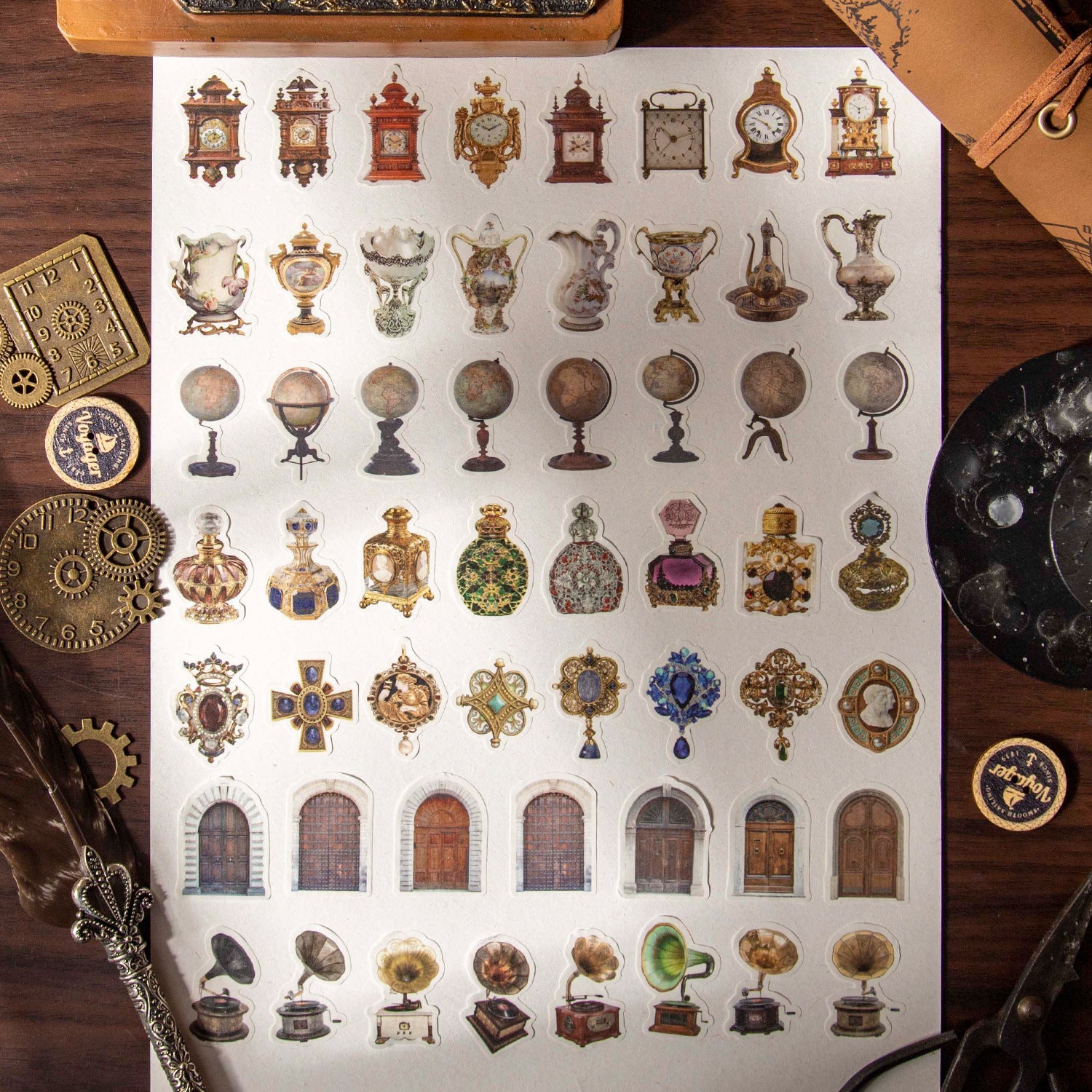 Ancient Clock vintage die-cut washi tape featuring antique timepiece illustrations