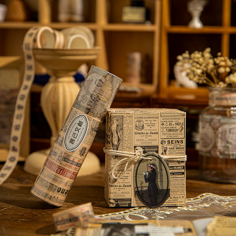 Vintage washi tape set - 8 rolls with library theme patterns