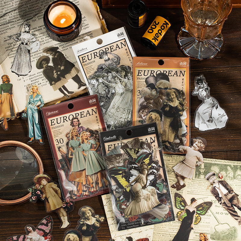 Vintage European Portrait Stickers - 30 PET Sheets
