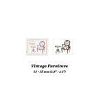 Vintage Furniture wood stamp set with stamped impressions of chairs and cabinets