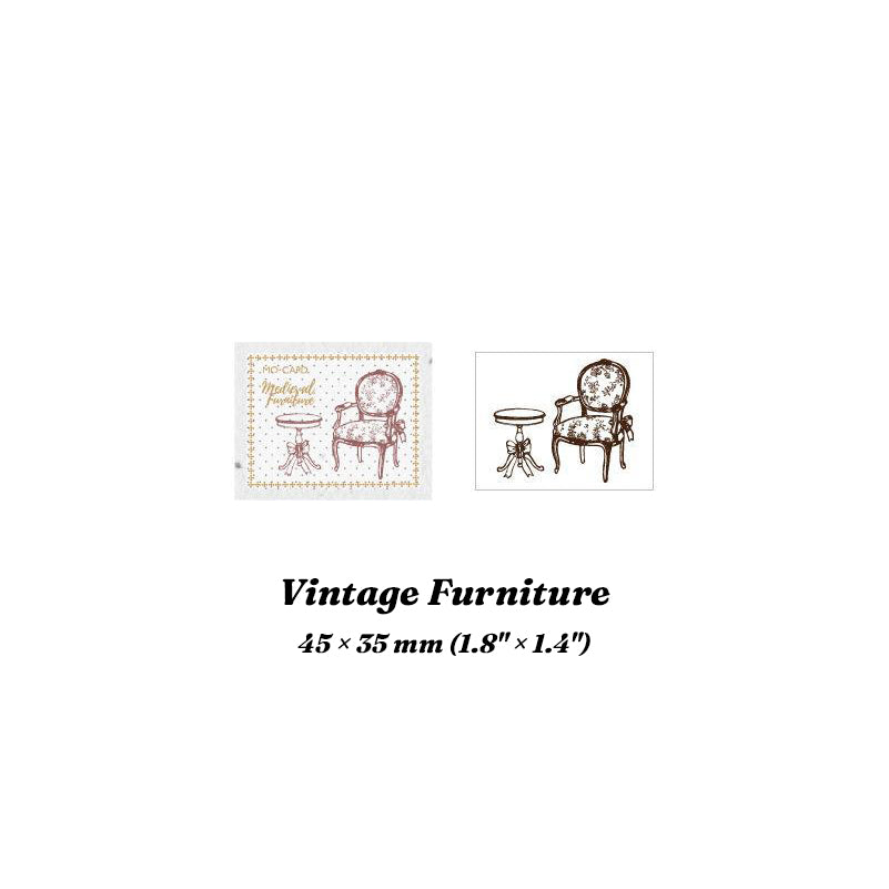 Vintage Furniture wood stamp set with stamped impressions of chairs and cabinets