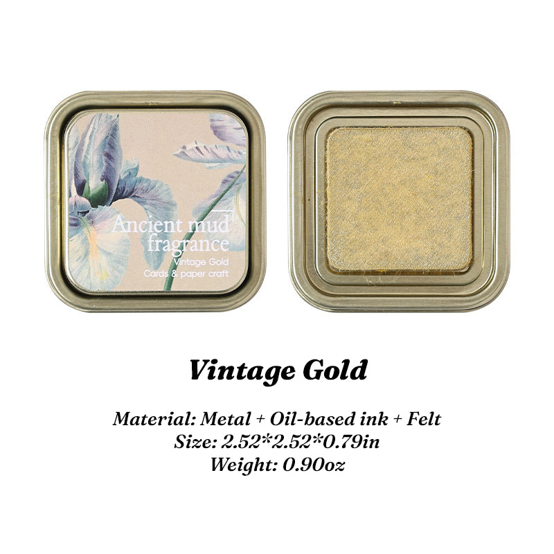 Vintage Gold metallic ink pad in floral iron tin, lid and pad side by side